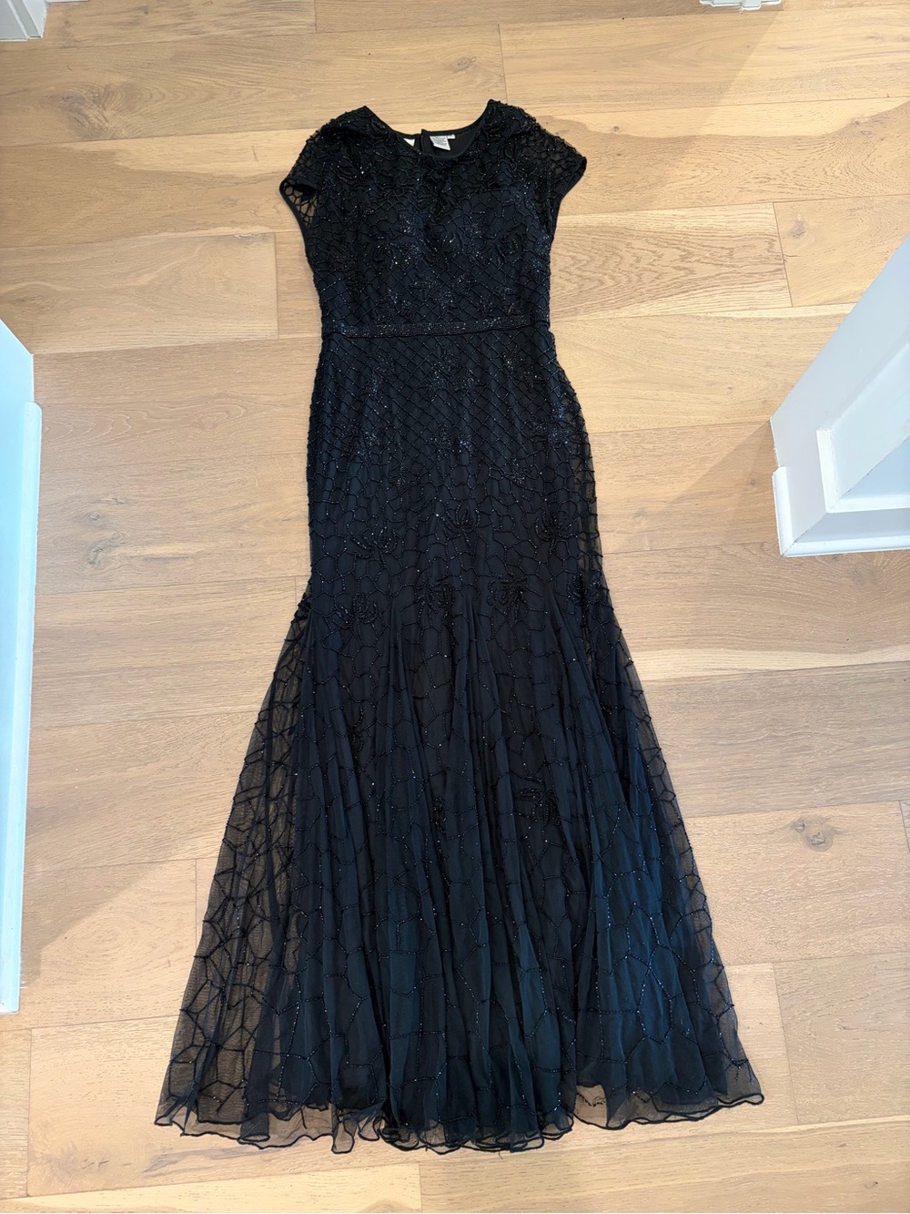 Elegant Black Beaded Cap-Sleeve Evening Gown